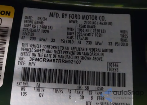 2024 Ford Bronco Sport Big Bend z USA, uszkodzony, nr VIN 3FMCR9B67RRE92107